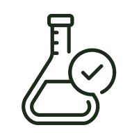 Icon of a beaker with a check mark inside a circle, indicating approval or correctness.