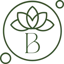 Logo with a stylized letter 'B' inside a circular design with leaf-like shapes.
