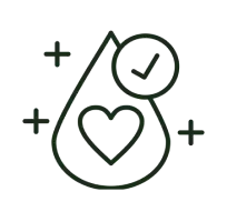 Icon of a droplet with a heart and a check mark inside, surrounded by plus signs on a white background.