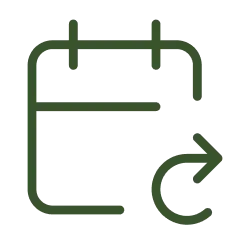 Green icon of a calendar with a refresh symbol on a white background