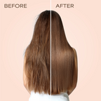Before and after comparison of hair straightening on a person with a plain background