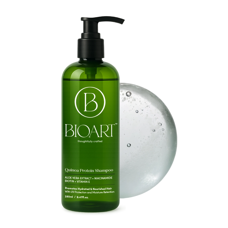 Green shampoo bottle with pump and soap bar on a white background, featuring the BioArt brand.