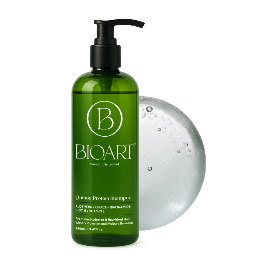 Green shampoo bottle with pump and soap bar on a white background, featuring the BioArt brand.