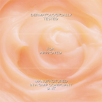 Close-up of a rose with text about dermatological testing, FDA approval, and manufacturing compliance on a soft peach background.