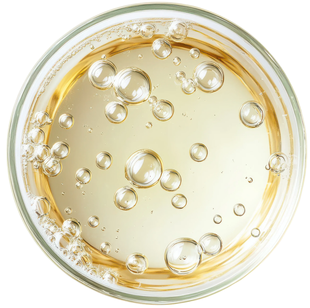 Clear liquid with bubbles in a glass container on a white background