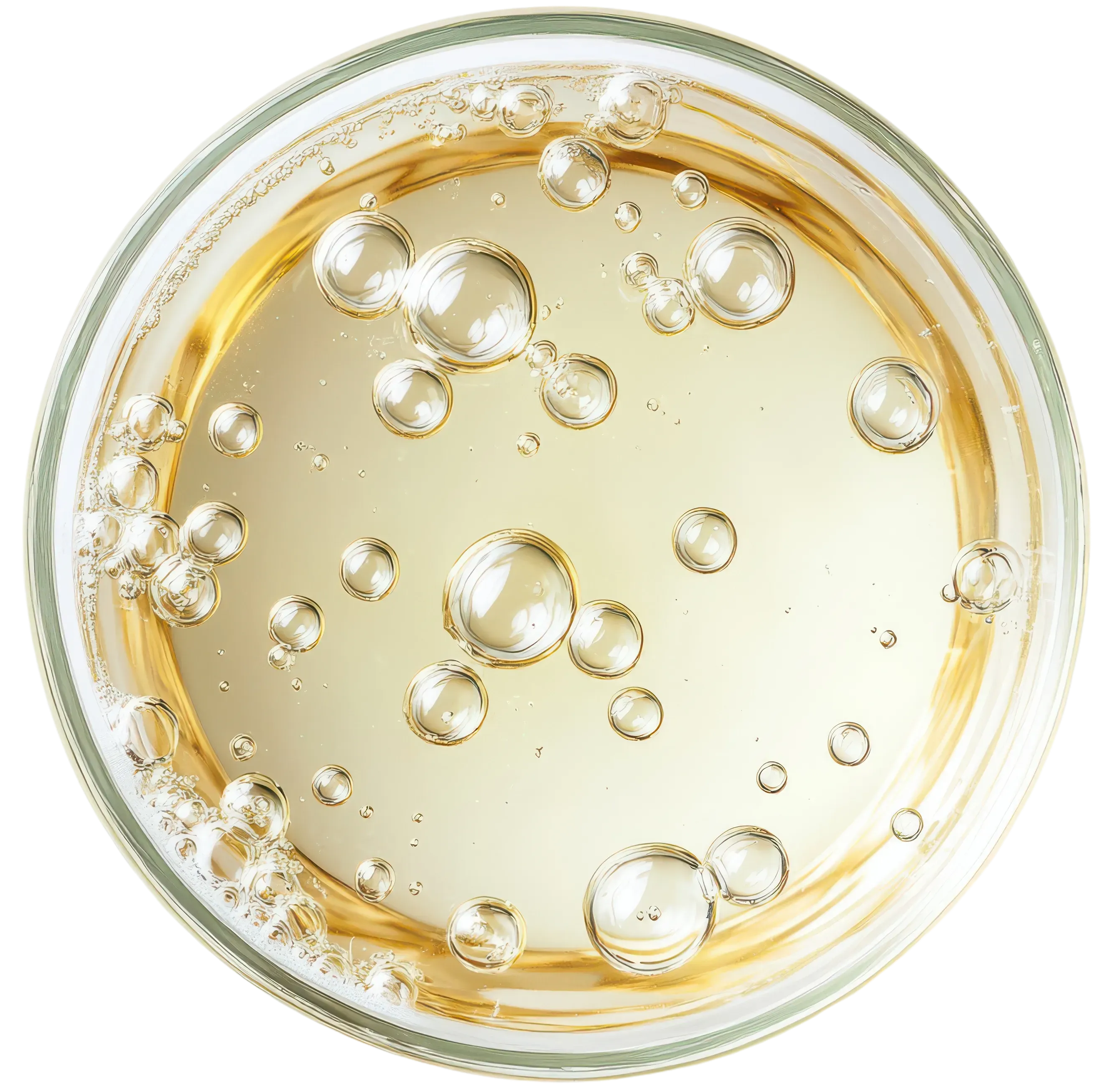 Clear liquid with bubbles in a glass container on a white background