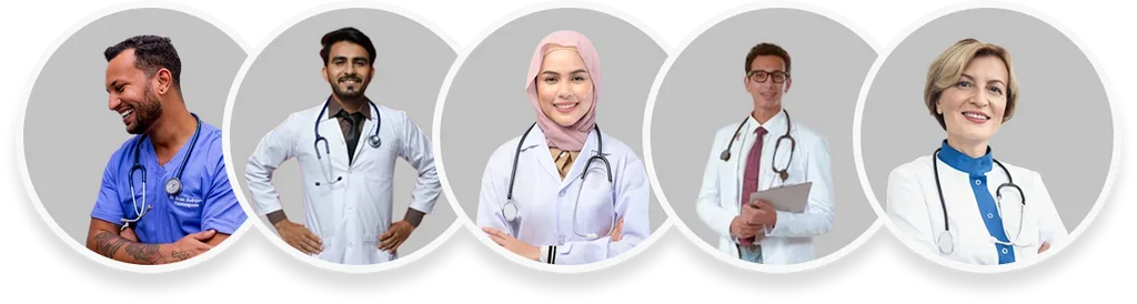 Five medical professionals in different poses with a gray background