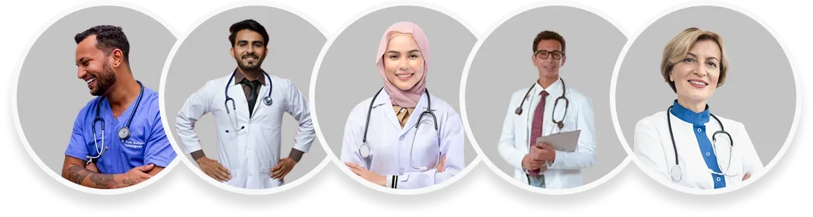 Five medical professionals in different poses with a gray background