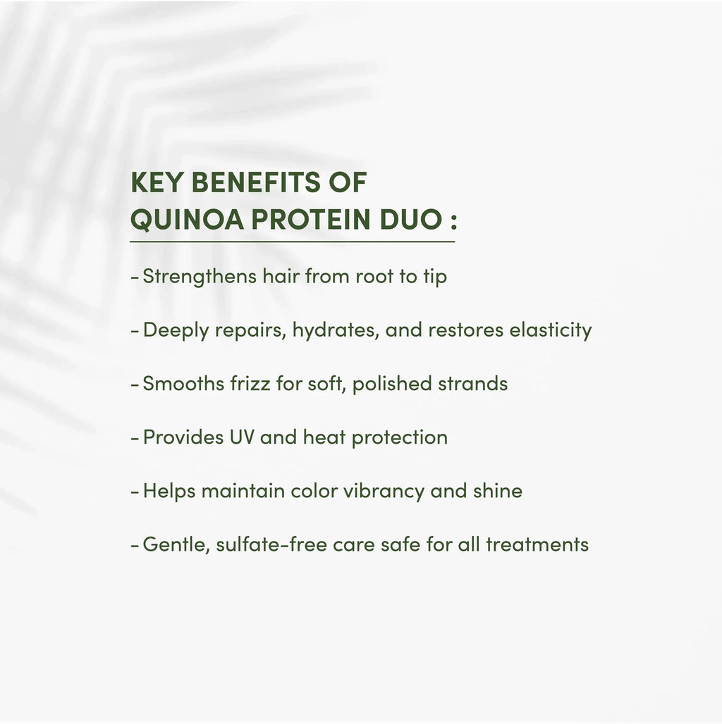Text listing key benefits of Quinoa Protein Duo on a white background