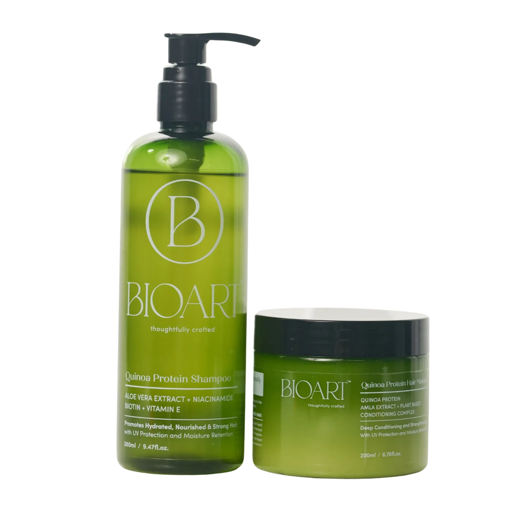 Green shampoo bottle and jar with 'BIOART' branding on a white background
