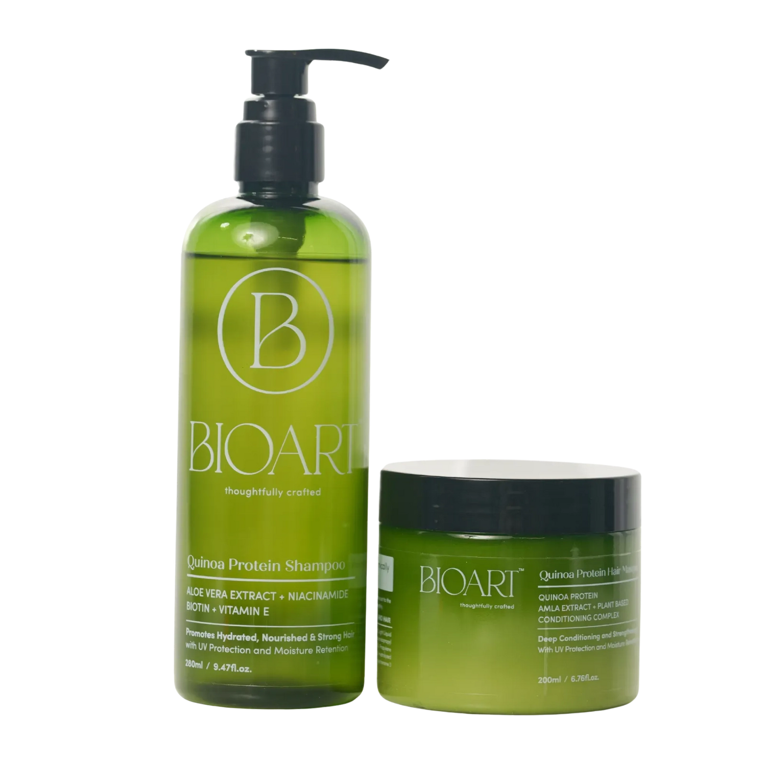 Green shampoo bottle and jar with 'BIOART' branding on a white background