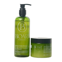 Green shampoo bottle and jar with 'BIOART' branding on a white background