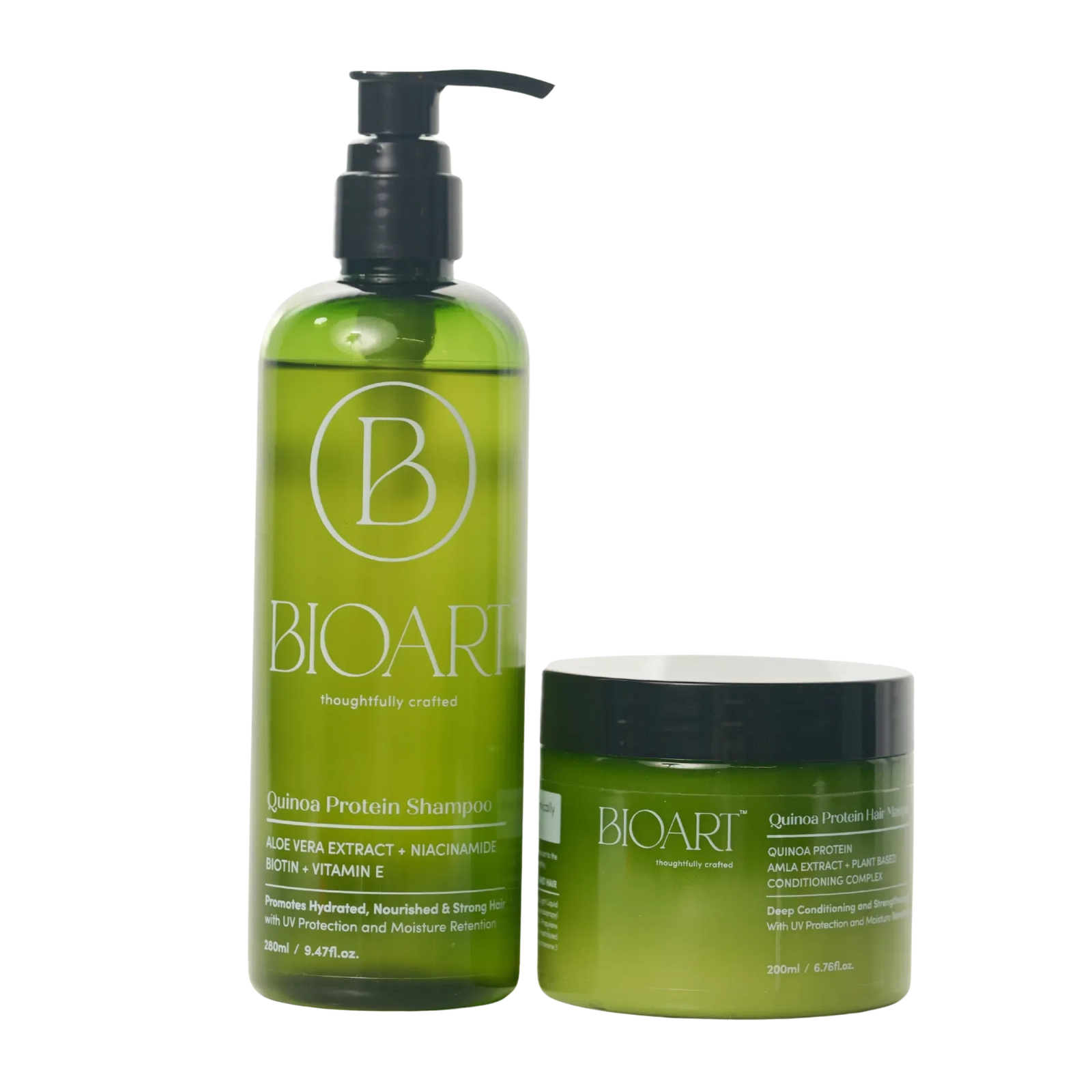 Green shampoo bottle and jar with 'BIOART' branding on a white background