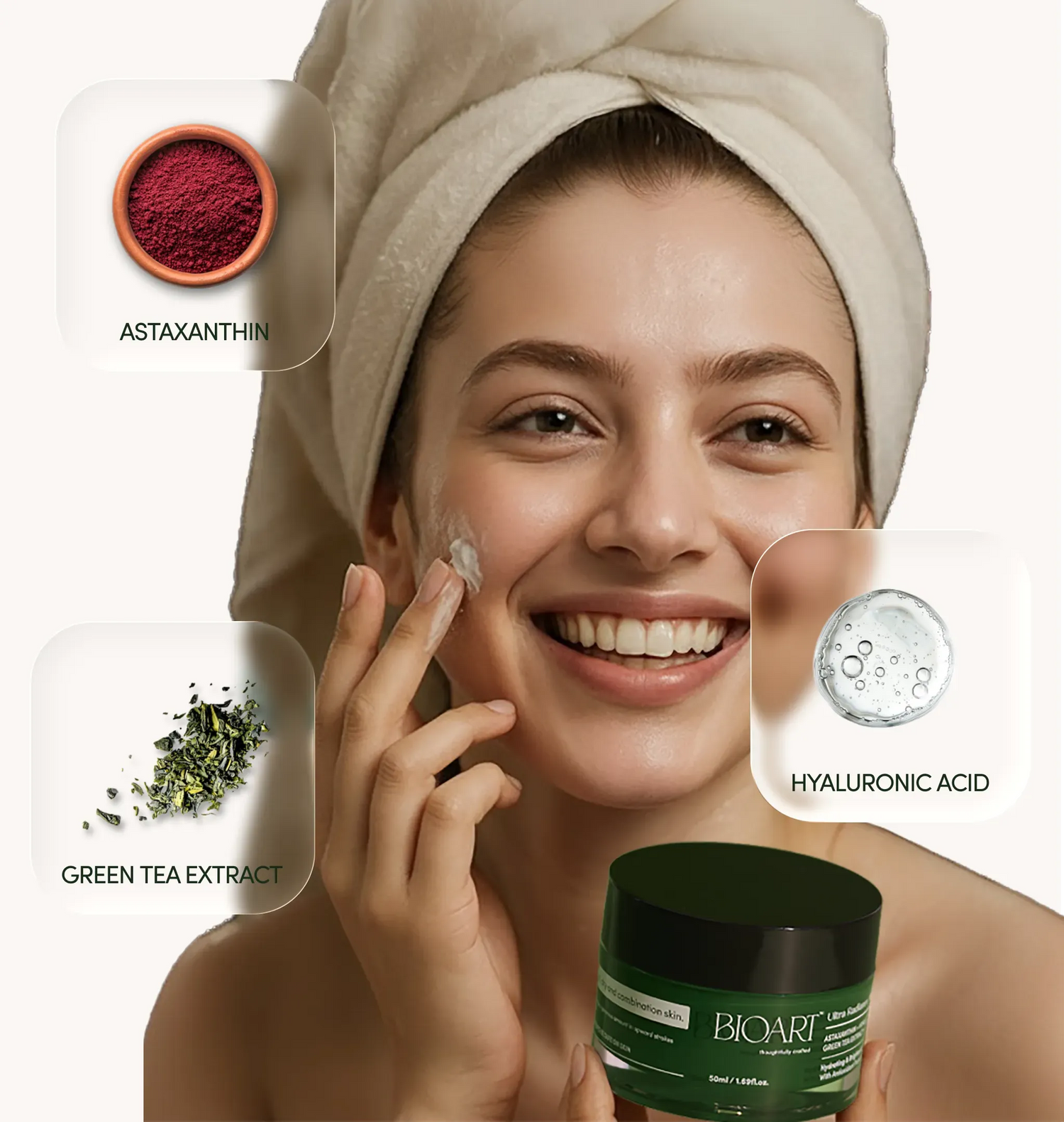 Woman applying cream with skincare ingredients and product on a white background