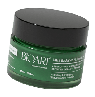 Green jar of BioArt Ultra Radiance Moisturizer on a clear background