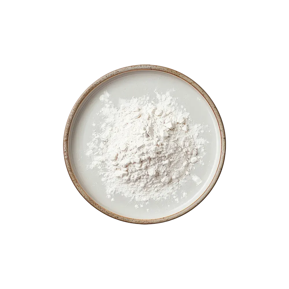 White powder in a round beige bowl on a white background
