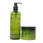 Green shampoo bottle and jar with 'BIOART' branding on a white background