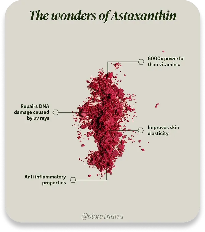 Red powder with text highlighting astaxanthin's benefits on a beige background