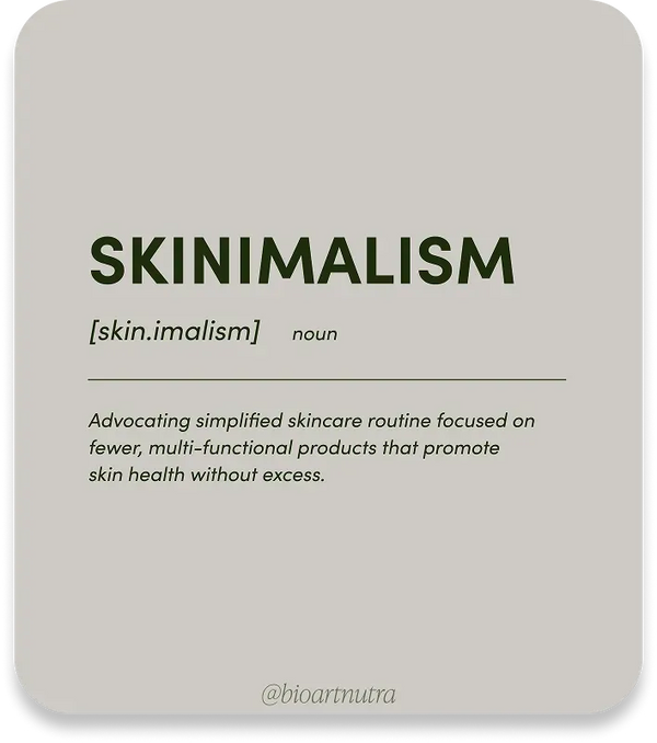 Definition of 'Skinimalism' on a beige background with text and brand name.