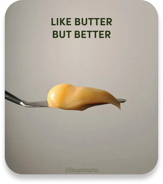 Spoon with a dollop of yellow substance labeled 'LIKE BUTTER BUT BETTER' on a gray background
