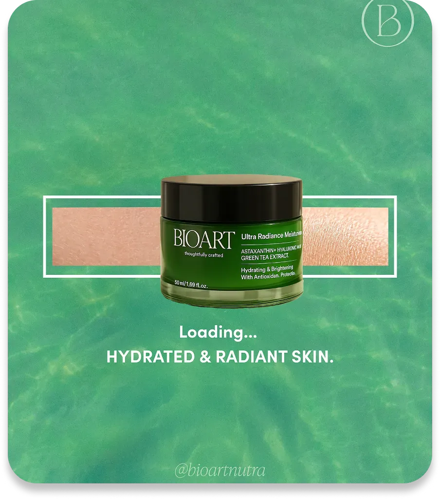 BIOART skincare product jar on a green background with text 'Loading... Hydrated & Radiant Skin'.