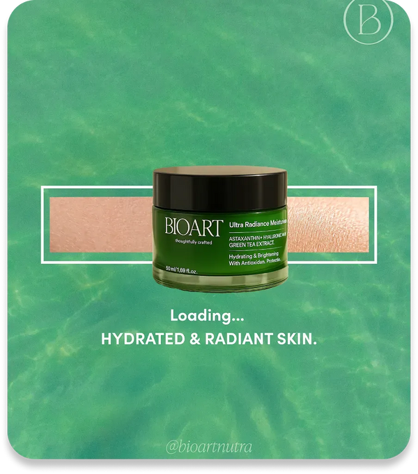 BIOART skincare product jar on a green background with text 'Loading... Hydrated & Radiant Skin'.